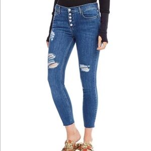 Free People Reagan Distressed ButtonFly RawHem Denim Skinny Jeans Womens 25 Blue